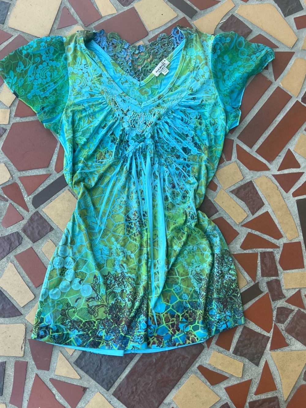 ONE WORLD Teal & Green V-Neck Short Sleeve Top